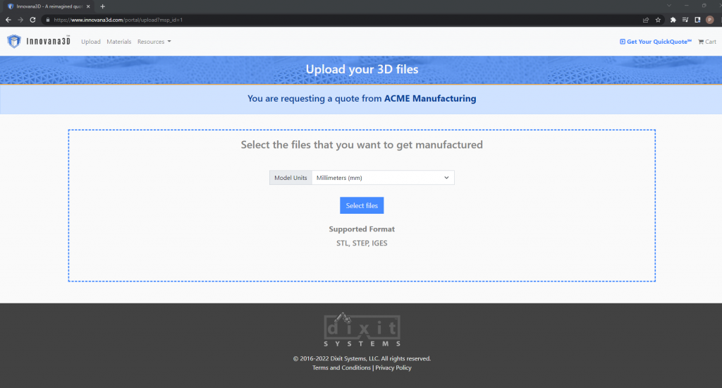 Innovana3D - Upload file user interface